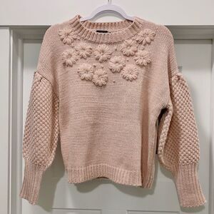 New Beautiful Flowers Stitched Puff Sleeves Knit Sweater